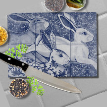 Blue White Rabbit Hare Tiled Chinoiserie Floral