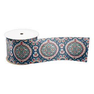 Blue White Red Aquamarin Oriental Azulejo Pattern Satinband