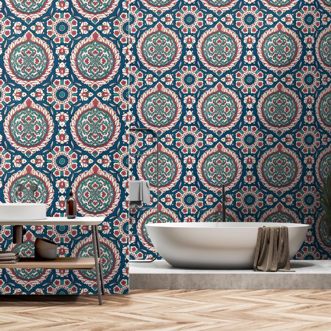 Blue White Red Aquamarin Oriental Azulejo Pattern Tapete (Badezimmer)