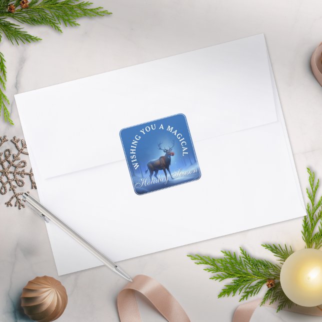 Blue White Reindeer Wonderland Urlaub Quadratischer Aufkleber (Von Creator hochgeladen)