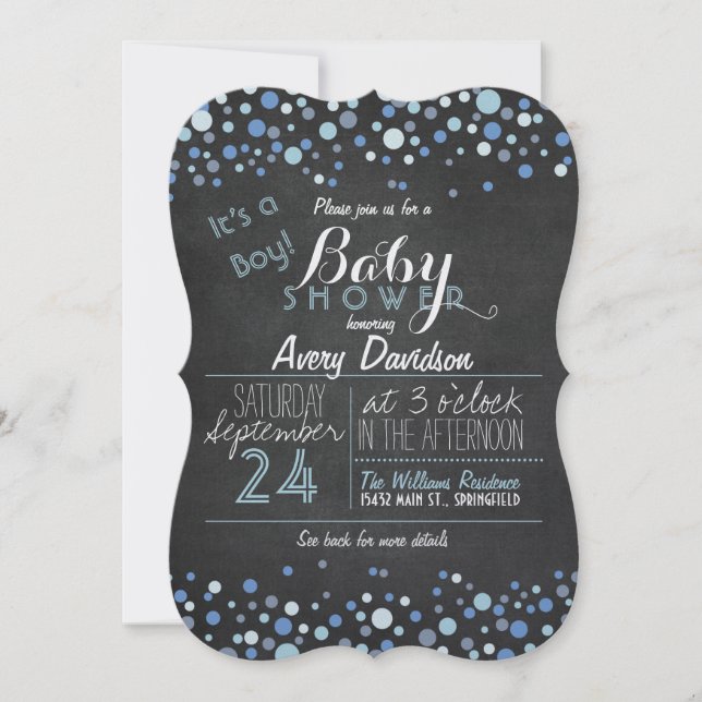 Blue & White Retro Chalkboard Boy Baby Dusche Einladung (Vorderseite)