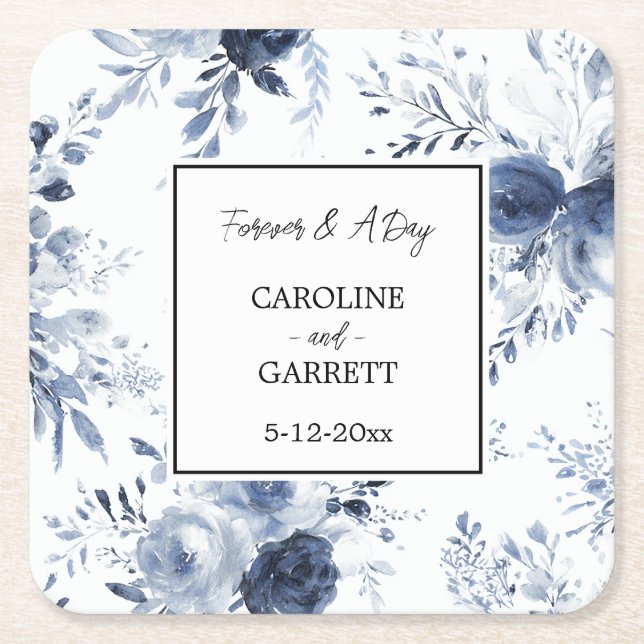 Blue White Romantic Floral Wedding Rechteckiger Pappuntersetzer (Vorderseite)