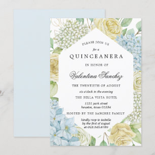 Blue White Rose Hydrangea Quinceanera Einladung