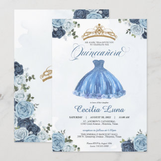 Blue & White Roses Princess Quinceañera Geburtstag Einladung