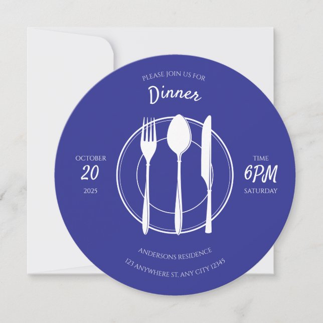 Blue White Round Dinner Einladung (Vorderseite)