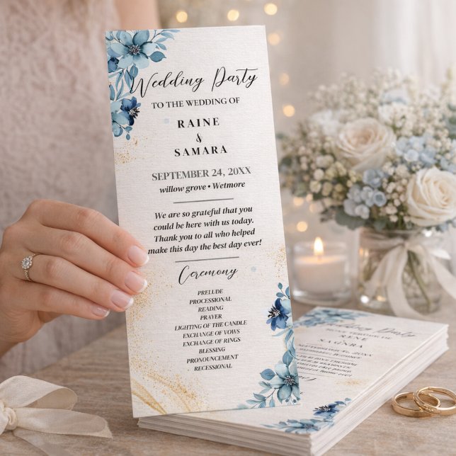 Blue & White Rustic Floral Wedding Party Programm (Blue & White Rustic Floral Wedding Party Program)