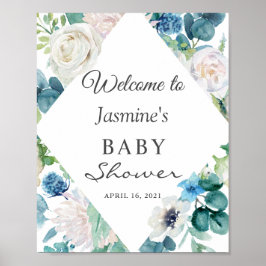 Blue White Sage Green Floral Baby Duschzeichen Poster