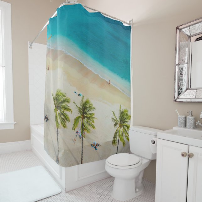 Blue White & Sand Simple Summer Beach Duschvorhang (Beispiel)