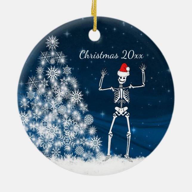 Blue & white Santa skeleton "Christmas 20xx" Ceram Keramik Ornament (Hinten)