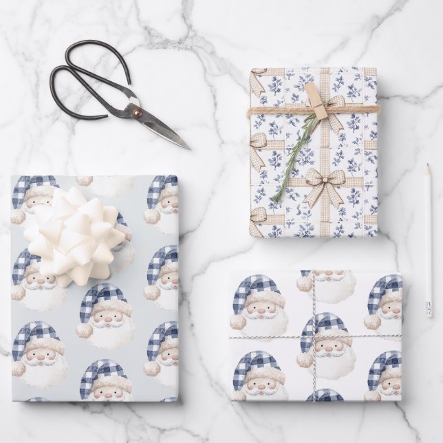 Blue White Santa with Hat Christmas Gifts Geschenkpapier Set (Vorderseite)
