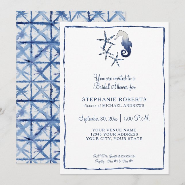Blue White Shibori Seepferd Starfish Beach Bridal Einladung (Vorne/Hinten)