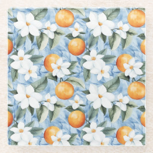 Blue White Sicilian Summer Floral Orange Wedding Glasuntersetzer