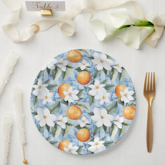Blue White Sicilian Summer Floral Orange Wedding Pappteller (Hochzeit)