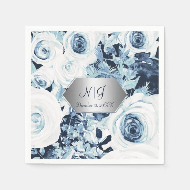 Blue White Silver Winter Hochzeit Vintage Rose Serviette (Vorderseite)