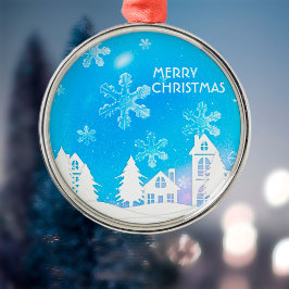 Blue White Snow House Frohe Weihnachten Ornament Aus Metall