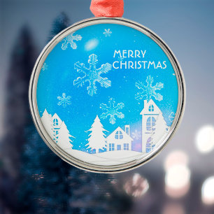 Blue White Snow House Frohe Weihnachten Ornament Aus Metall