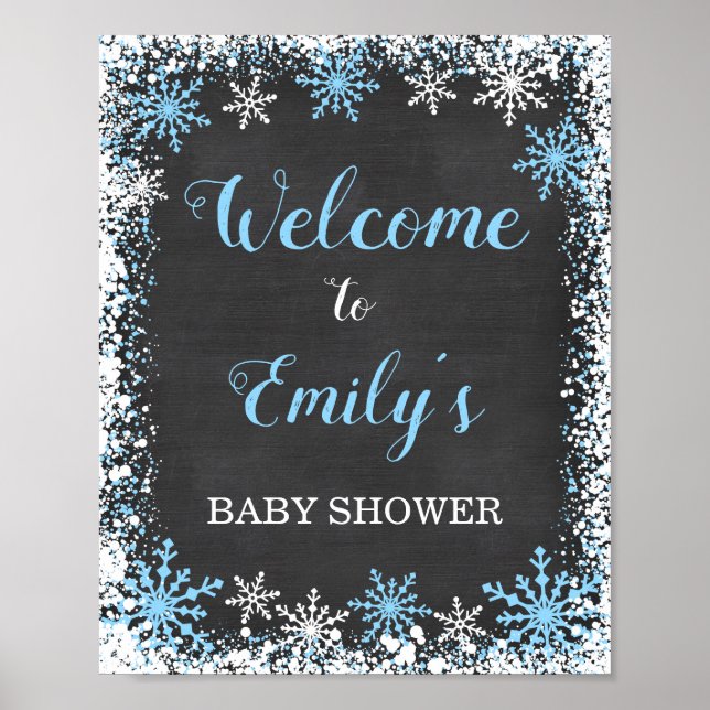 Blue White Snowflake Boy Baby Dusche Begrüßungszei Poster (Vorne)