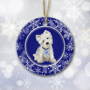 Blue White Snowflake Westie Weihnachten Keramik Ornament