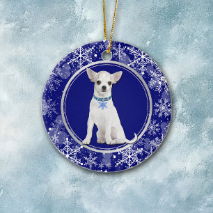 Blue White Snowflake White Chihuahua Keramik Ornament