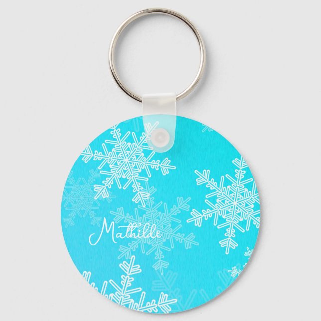 Blue White Snowflakes Minimalistischer Weihnachtsn Schlüsselanhänger (Vorderseite)