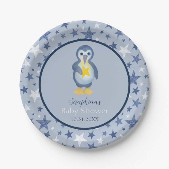 Blue & White Star Pinguin Baby Dusche Pappteller (Vorderseite)