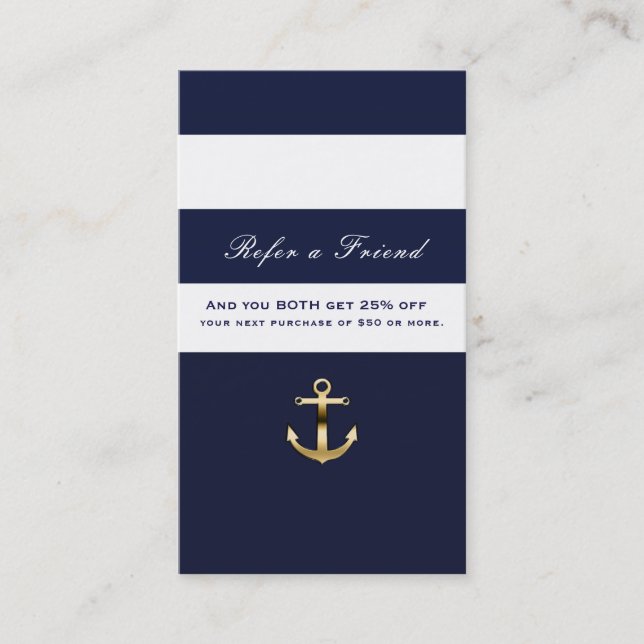 Blue & White Strip Nautical Gold Golfer ein Freund Empfehlungskarte (Vorderseite)