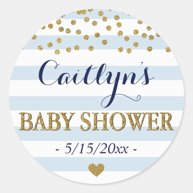 Blue White Stripe Confetti Baby Boy Dusche Runder Aufkleber (Vorderseite)