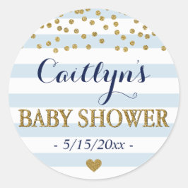 Blue White Stripe Confetti Baby Boy Dusche Runder Aufkleber