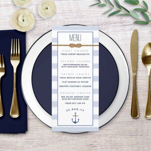 Blue White Stripe ♾ Unendlichkeit Nautical Wedding Menükarte (♾ Infinity Knot Nautical Wedding Menu ⚓ with Light Blue and White Watercolor Stripes)