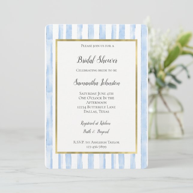 Blue White Stripes Bridal Shower Einladung (Stehend Vorderseite)