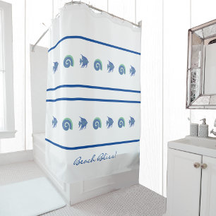 Blue White Stripes Fish Beach House Duschvorhang