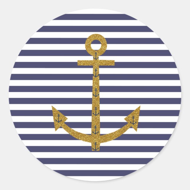Blue White Stripes Gold Anker Glitzer Print Runder Aufkleber (Vorderseite)
