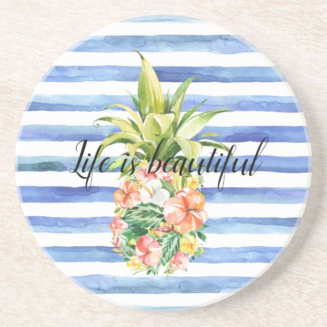 Blue White Stripes Tropical Floral Pineapple Getränkeuntersetzer (Vorne)