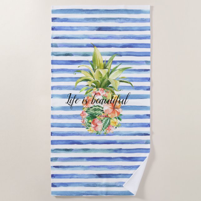 Blue White Stripes Tropical Floral Pineapple Strandtuch (Vorderseite)