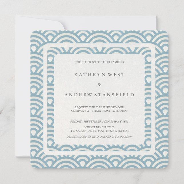 Blue + White Stylives Waves Modernes Beach Wedding Einladung (Vorderseite)
