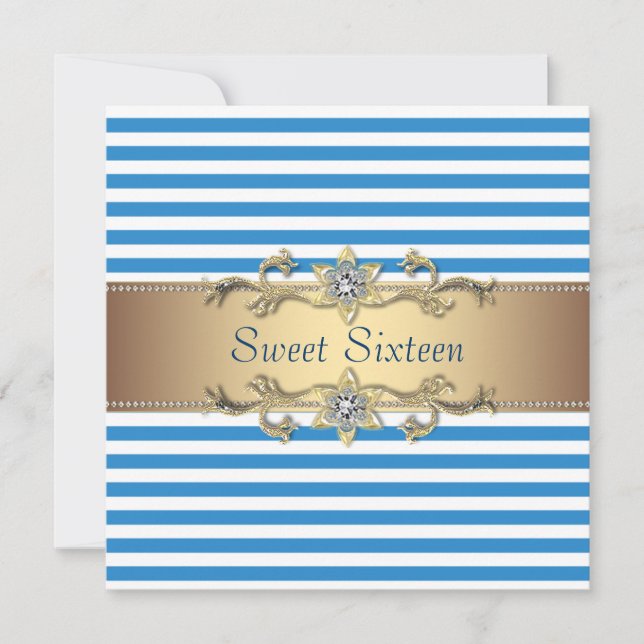 Blue White Summer Strip 16 . Geburtstag Party Einladung (Vorderseite)