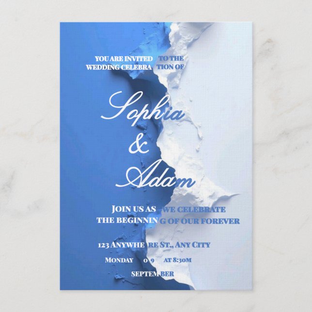 Blue & White Textured Art Wedding Invitation  (Devant)