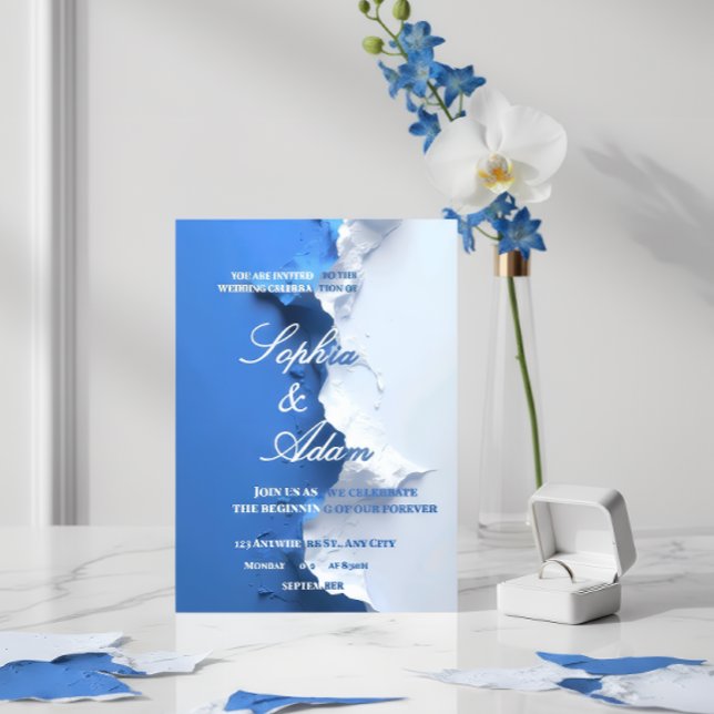 Blue & White Textured Art Wedding Invitation  (Créateur téléchargé)
