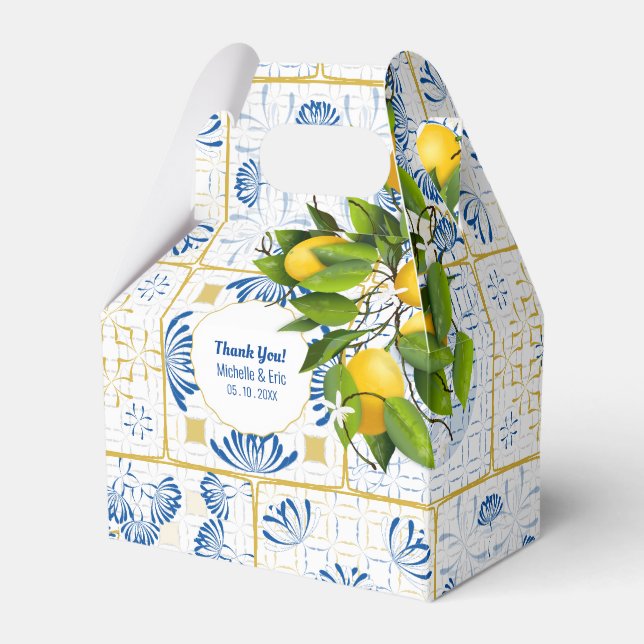 Blue White Tile Lemon Mediterrane Hochzeit Geschenkschachtel (Vorderseite)