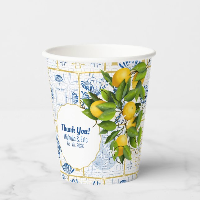 Blue White Tile Lemon Mediterrane Hochzeit Pappbecher (Vorderseite)