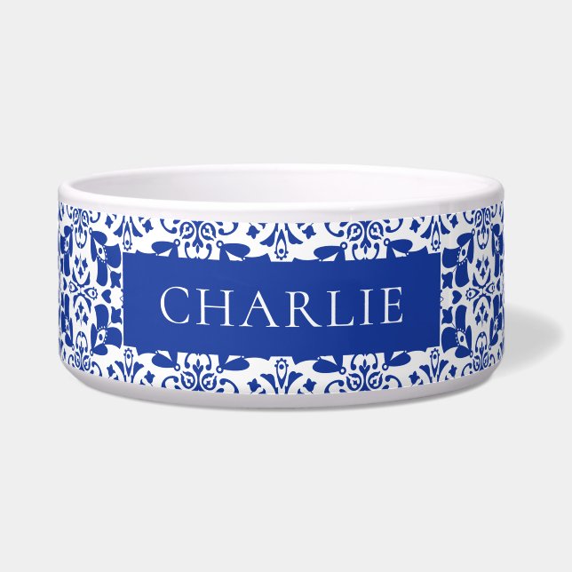 Blue White Tile Pattern Elegant Personalized Pet Napf (Vorderseite)