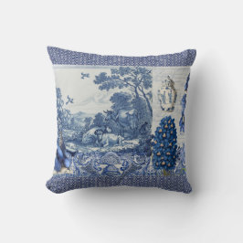 Blue White Toile Blume in Bird Collage Französisch Kissen