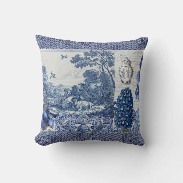 Blue White Toile Blume in Bird Collage Französisch Kissen (Vorderseite)