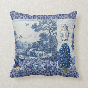 Blue White Toile Blume in Bird Collage Französisch Kissen