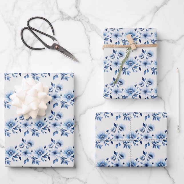 Blue White Toile Blumendusche Geschenkpapier Set (Vorderseite)