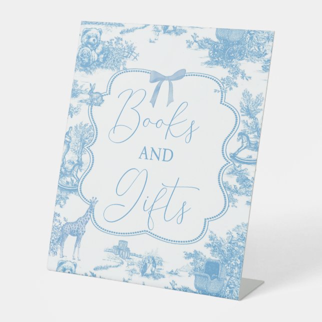 Blue White Toile de Jouy Bären Bücher und Geschenk Sockelschild (Vorderseite)