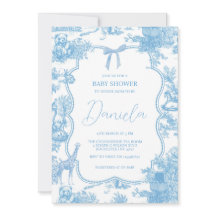 Blue White Toile de Jouy Bear Baby Dusche