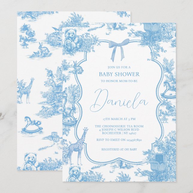 Blue White Toile de Jouy Bear Baby Dusche Einladung (Vorne/Hinten)