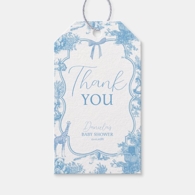 Blue White Toile de Jouy Bear Baby Dusche Geschenkanhänger (Vorderseite)