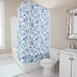 Blue White Toile Floral  Duschvorhang